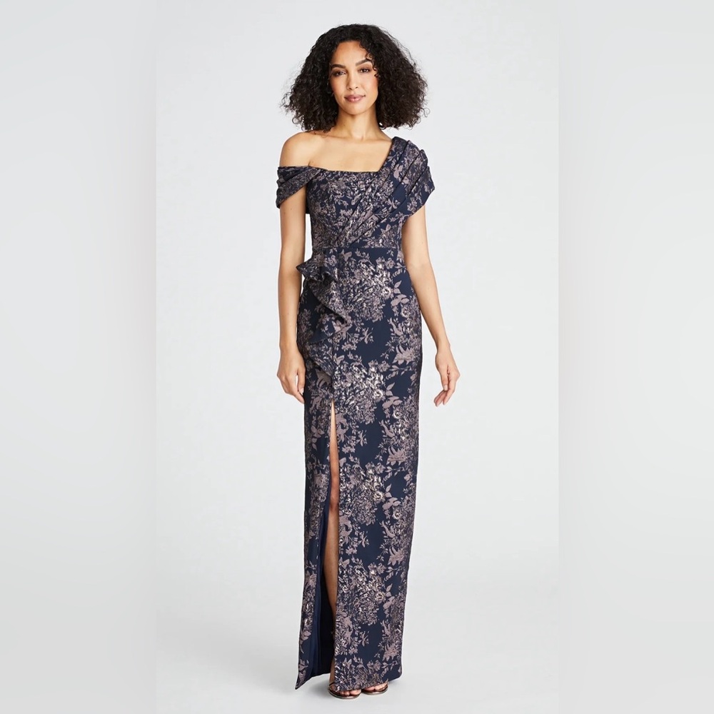 Theia Dark Navy One-Shoulder Floral Gown with Metallic Accents Size 4